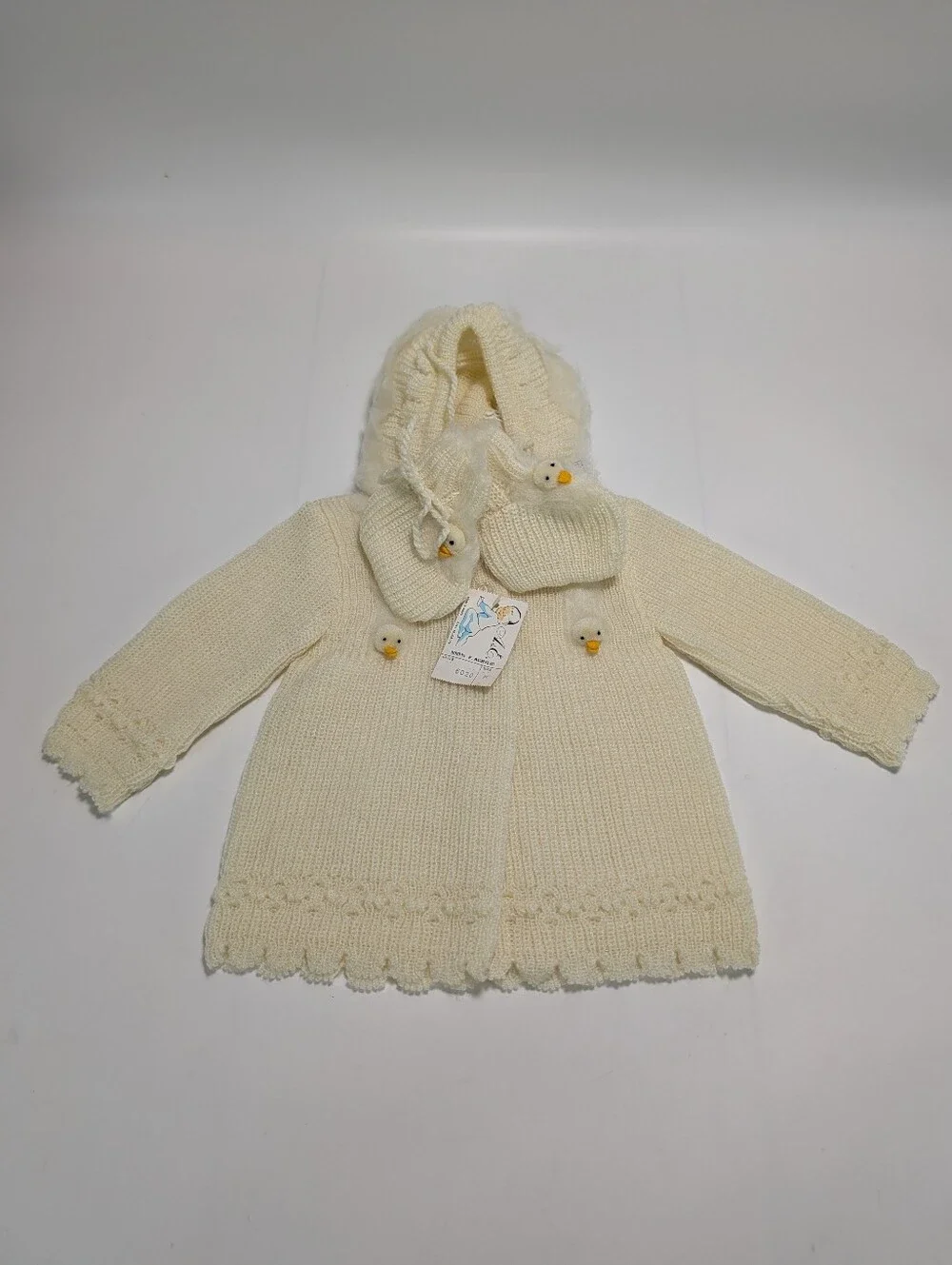 Vintage All-Mine Cream-Colored Knit Hooded Baby Coat & Booties with Duck Accents